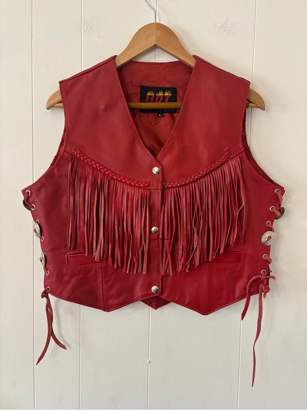 VTG Red Hot Leathers Fringed Leather Biker Vest Western Ladies Size Large